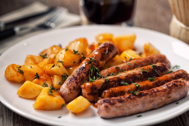 Saucisses et pommes de terre rôties sur une assiette