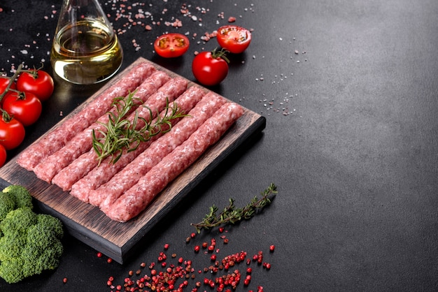 Saucisses de porc cru frais avec des épices sur une planche à découper en bois sur béton