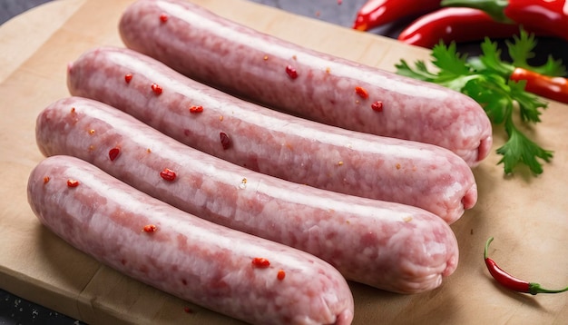 saucisses de porc crues en gros plan avec du piment