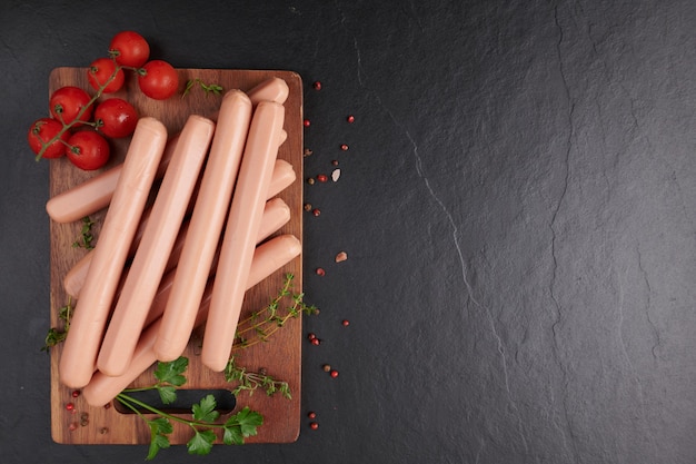 Saucisses de porc à la viande bouillie classique sur planche à découper avec poivre et basilic, persil, thym et tomates cerises. collation pour enfant. fond noir. Saucisses aux épices et herbes, mise au point sélective.