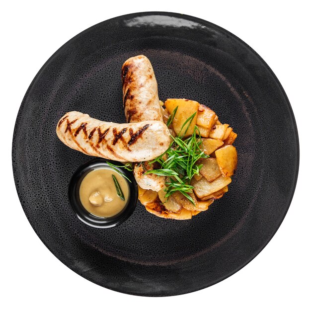 Saucisses de poulet grillées isolées avec pommes de terre