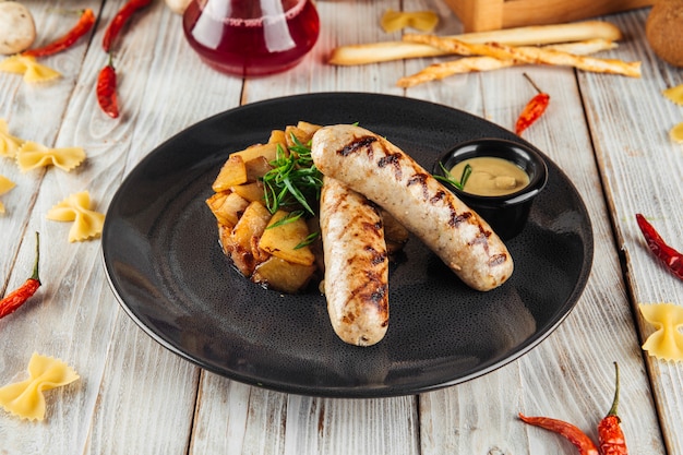 Saucisses de poulet grillées avec pommes de terre et moutarde