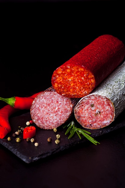 Saucisses de salami pliées avec du piment et des épices aromatiques sur fond sombre