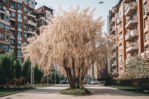 Saule en fleurs dans la cour de la ville Generative AI