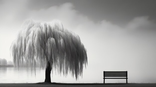 Un saule noir et blanc méditatif Portrait minimaliste d'une tranquillité sereine