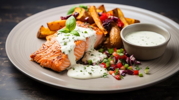 Saumon au four avec frites de patates douces et yaourt