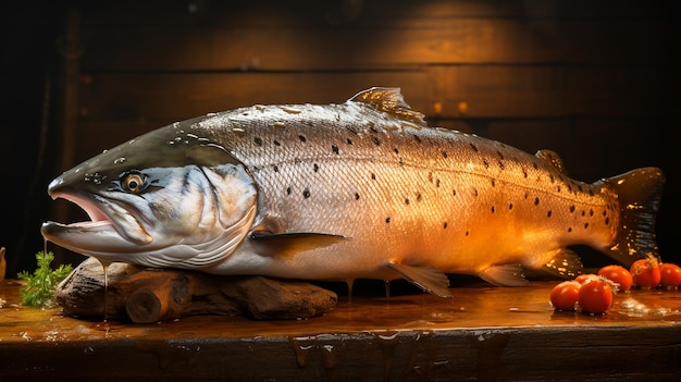 Le saumon de la bouche large de l'Atlantique sur une vieille dalle de bois le fait goûter bon saumon délicieux bon pour la santé tourné en studio IA générative