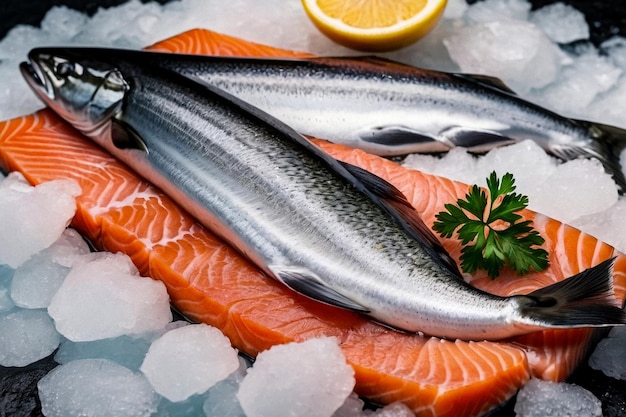 Saumon frais congelé sur le comptoir de l'hypermarché Fruits de mer frais sur la glace broyée au marché au poisson Froz