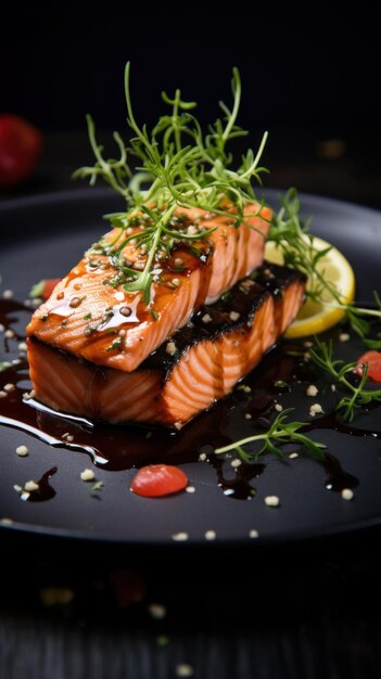 Saumon grillé sur une assiette noire avec sauce et herbes ai