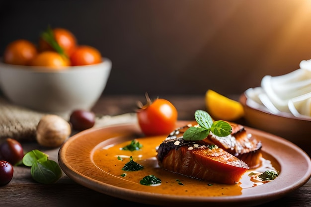 saumon grillé avec légumes et fruits sur une assiette.