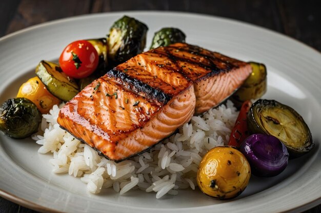 Saumon grillé avec des légumes rôtis et du riz