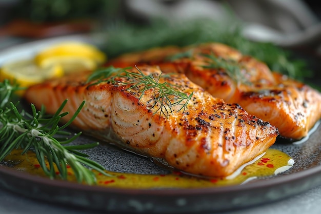 Saumon grillé avec un plat d'accompagnement sur une assiette arrosée de sauce