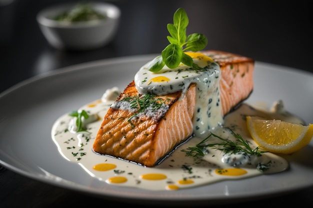 Saumon grillé avec sauce au yaourt et herbes fraîches