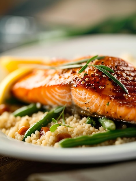 Saumon servi avec cous cous et haricots verts IA générative