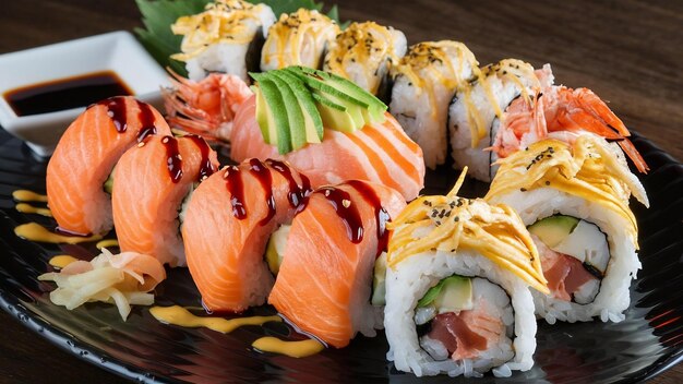 Le saumon, le thon, les crevettes et d'autres viandes sushi maki