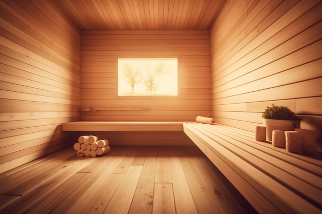 Un sauna en bois avec une fenêtre en arrière-plan