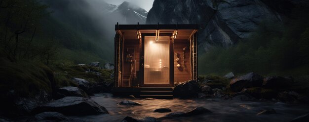 Photo sauna finlandaise en bois dans la montagne