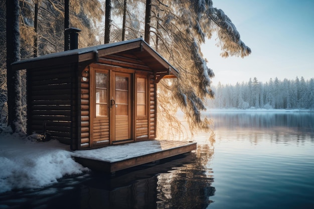 Sauna sur la rive du lac en hiver