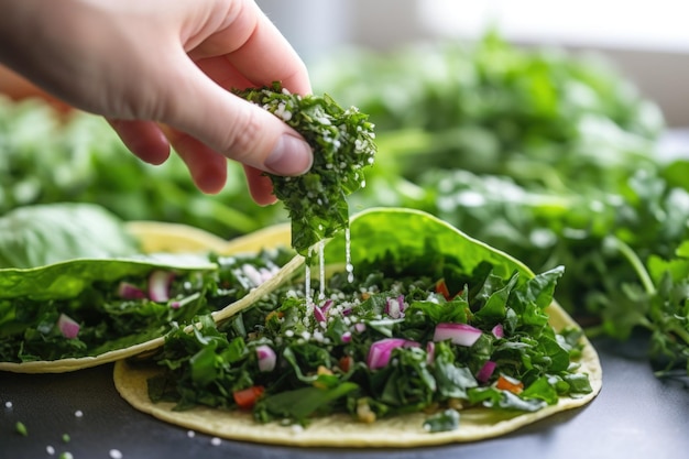 Saupoudrer à la main des feuilles de coriandre fraîche sur des tacos végétaliens