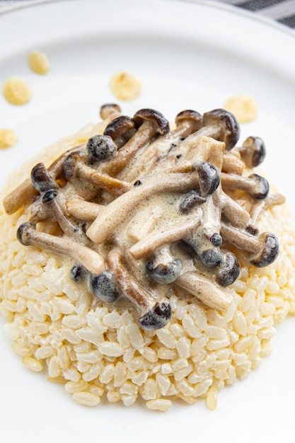 Sause aux champignons de riz risotto repas collation alimentaire sur la table espace de copie arrière-plan alimentaire vue de dessus rustique