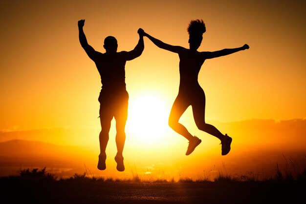 Photo saut au coucher du soleil et vue avec un couple sportif en plein air dans la nature pour une séance d'entraînement ou un exercice ensemble motivation et santé de la silhouette avec un homme et une femme sautant pour célébrer un objectif