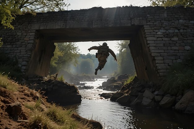 Photo le saut de bravoure d'un soldat échappant au feu ennemi
