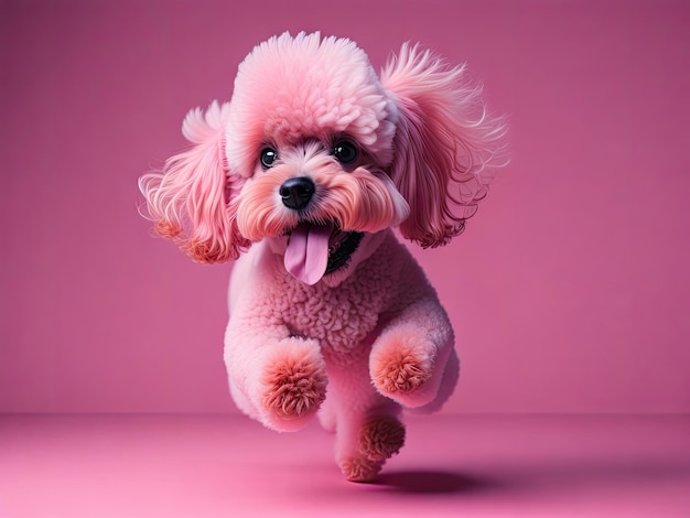 Saut de caniche mignon drôle sur fond de studio rose tendre ai génératif