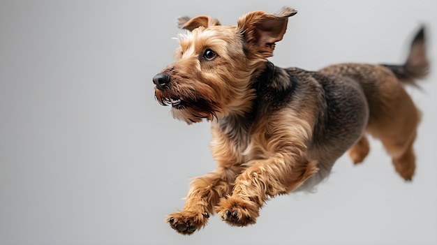 Photo saut de joie chien énergique midjump contre fond neutre concept animaux de compagnie photographie d'action haute énergie fond neutre poses dynamiques