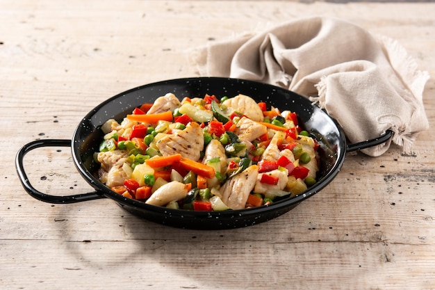 Sauté de poulet et légumes sur table en bois