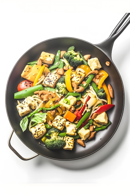 Sauté de tofu frais et coloré sur fond blanc Repas végétalien sain pour une alimentation saine