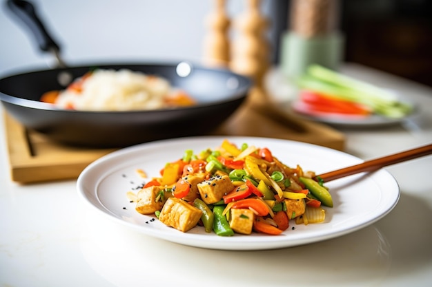 Sauté de tofu servi sur une assiette provenant d'une poêle