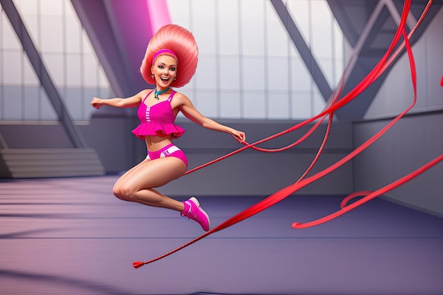 Sauter avec la corde heureuse illustration de style Barbie rose générative ai
