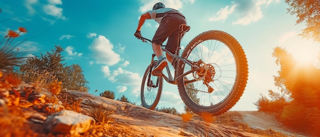 Sauter d'un vélo de montagne est un sport extrême pour le coureur