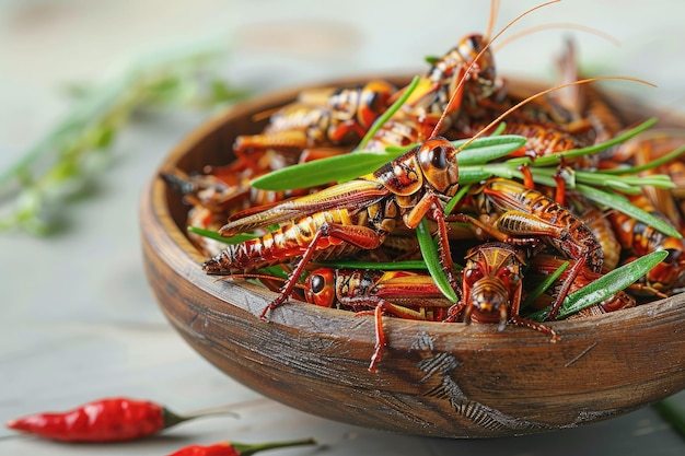 La sauterelle frite ou belalang goreng est un aliment traditionnel d'Asie du Sud-Est servi avec du vert