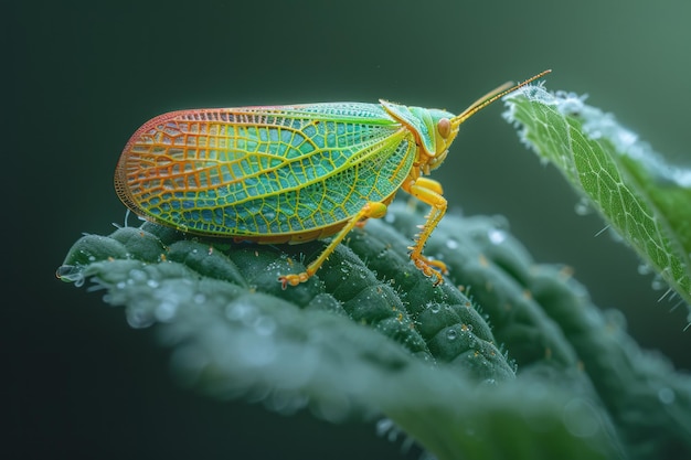 Une sauterelle petite et colorée sur une feuille verte vibrante sa forme délicate une œuvre d'art naturelle
