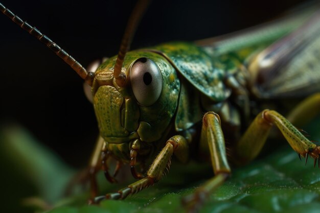 Une sauterelle avec une tête verte et de grands yeux est assise sur une feuille verte.