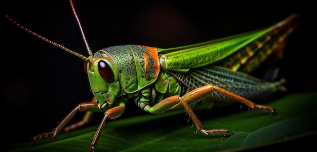 Une sauterelle verte aux yeux rouges est assise sur une feuille.