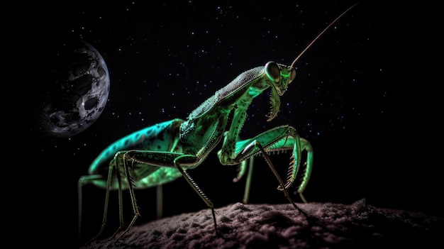 Une sauterelle verte est assise par une nuit éclairée par la lune.