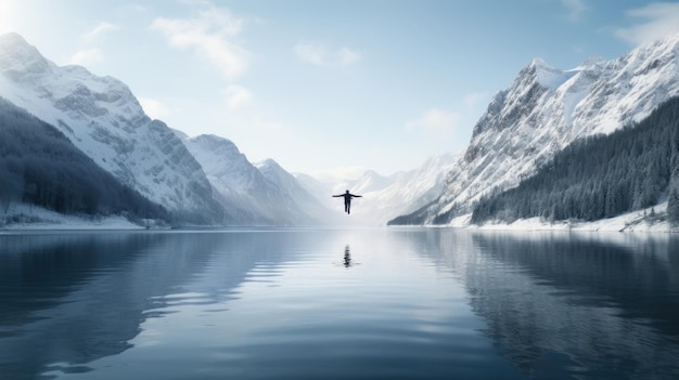 Un sauteur à ski s'envole sur un lac glacé serein.