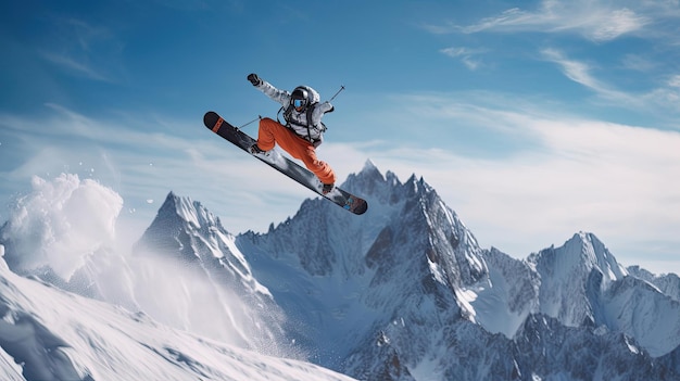 Un sauteur de ski se lance contre une chaîne de montagnes escarpée