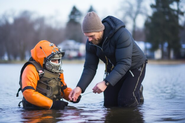 Photo un sauveteur bravant des températures glaciales pour aider un nageur amateur au baptême du lac de minsk