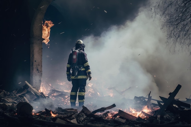 Sauveteur debout au milieu de la destruction d'un bâtiment à la suite d'une catastrophe AI générative