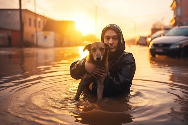 Un sauveteur masculin aide un chien effrayé à évacuer une inondation une catastrophe naturelle dévastatrice générée par l'IA