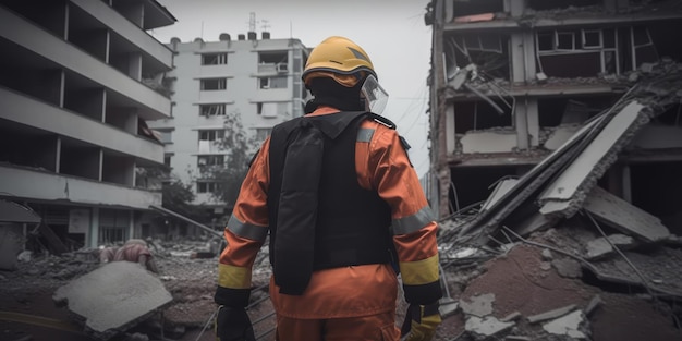 Sauveteur en uniforme à la recherche d'un survivant dans les ruines d'un immeuble de la ville suite à un tremblement de terre