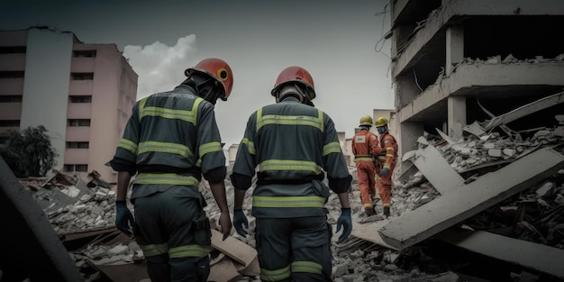 Sauveteur en uniforme à la recherche d'un survivant dans les ruines d'un immeuble de la ville suite à un tremblement de terre