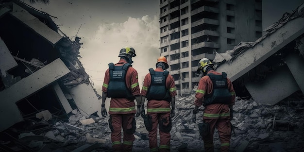 Sauveteur en uniforme à la recherche d'un survivant dans les ruines d'un immeuble de la ville suite à un tremblement de terre