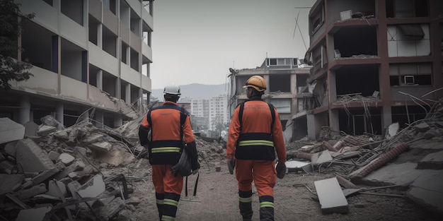 Sauveteur en uniforme à la recherche d'un survivant dans les ruines d'un immeuble de la ville suite à un tremblement de terre