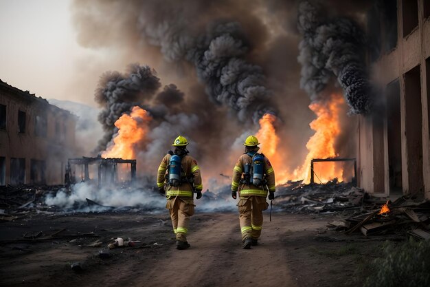 Photo les sauveteurs tentent de sauver les décombres des bâtiments et les dégâts de la guerre.