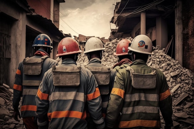 Les sauveteurs en uniforme et casques démantèlent les décombres des maisons après le tremblement de terre la ville en ruine et les bâtiments à plusieurs étages désastrent les conséquences d'un fort tremblement de terre Generative AI