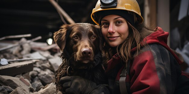 Une sauveteuse bénévole avec son chien de recherche sur le site d'un bâtiment détruit après une bannière de bon travail de haute qualité